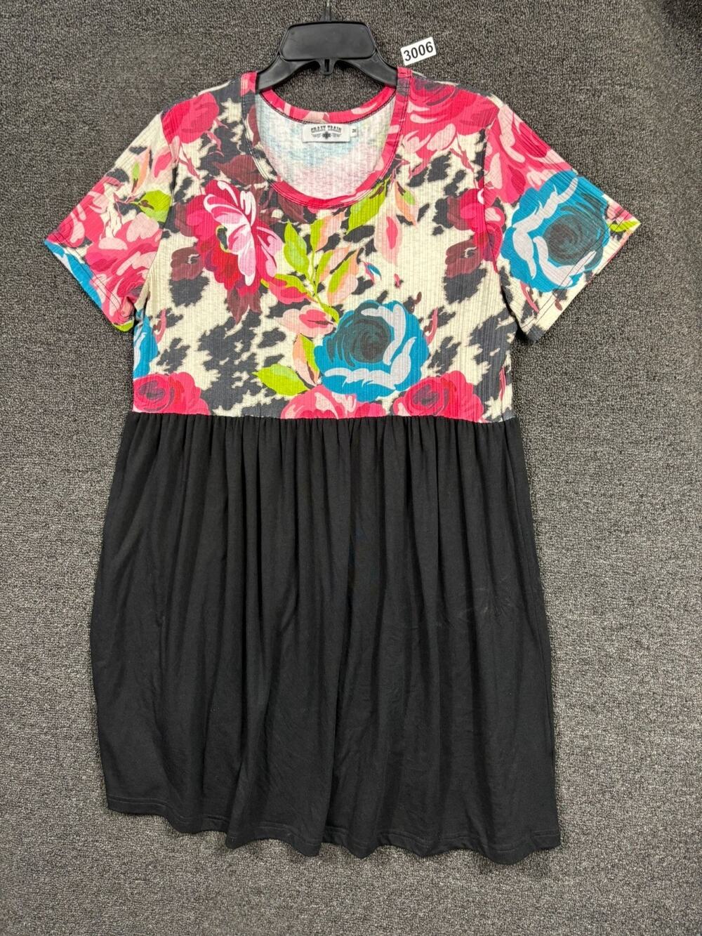 Crazy Train Floral Dress Womens Size M Black Multicolor Crew-Neck Short Sleeve